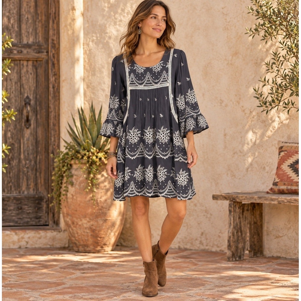 Sundance Embroidered Mini Dress Women Medium Gray Boho Eyelet Bell Sleeve